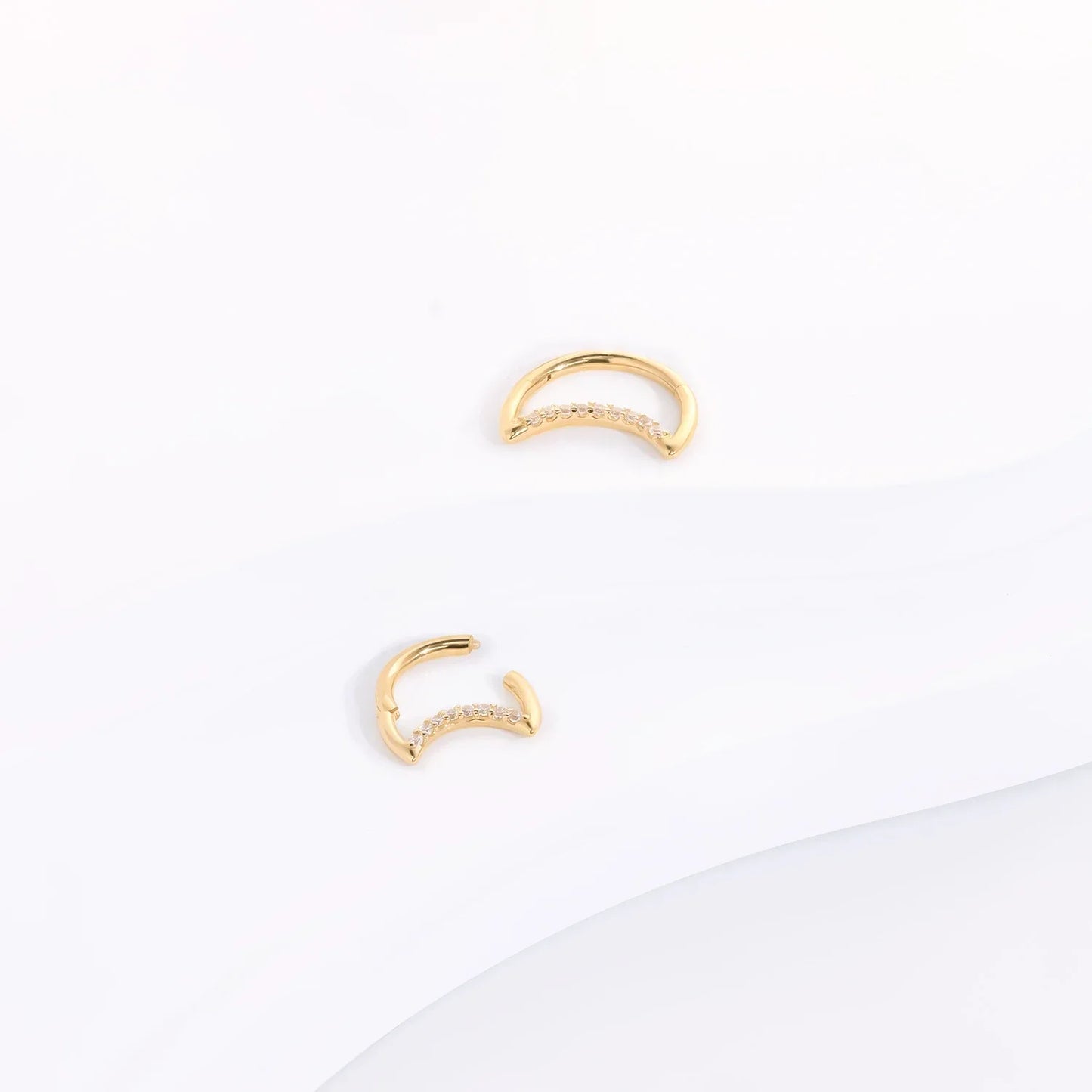 Half moon hoop earring with clear CZ stones 14K gold nose hoop half moon piercing