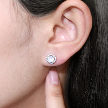 Moonstone earrings with round moonstones and clear cz silver stud earrings push back earrings
