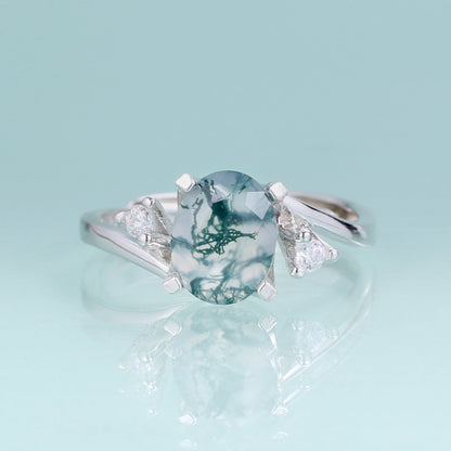 Real moss agate ring oval shape in silver