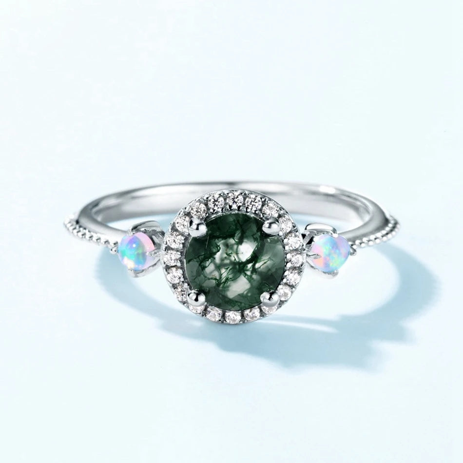 Moss agate and opal engagement ring sterling silver