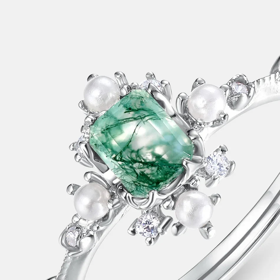 Moss agate and pearl ring natural green moss agate ring sterling silver
