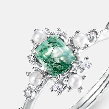 Moss agate and pearl ring natural green moss agate ring sterling silver