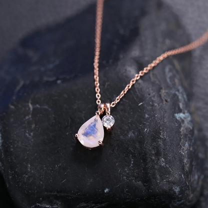 Moonstone necklace rose gold with a clear cz sterling silver June Birthstone