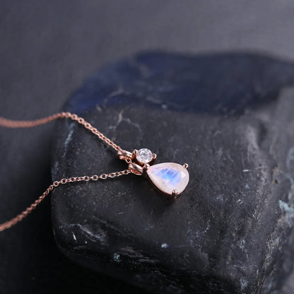 Moonstone necklace rose gold with a clear cz sterling silver June Birthstone
