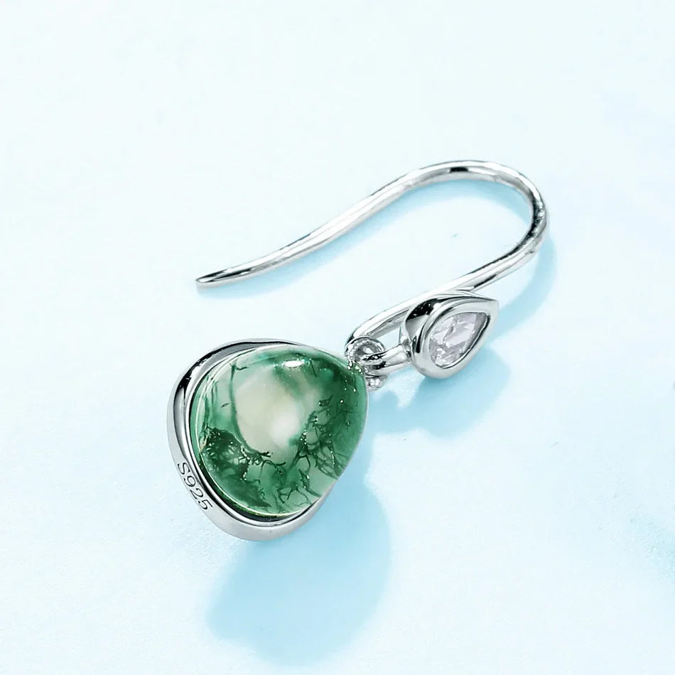 Green agate earrings with pear-shaped moss agate in sterling silver