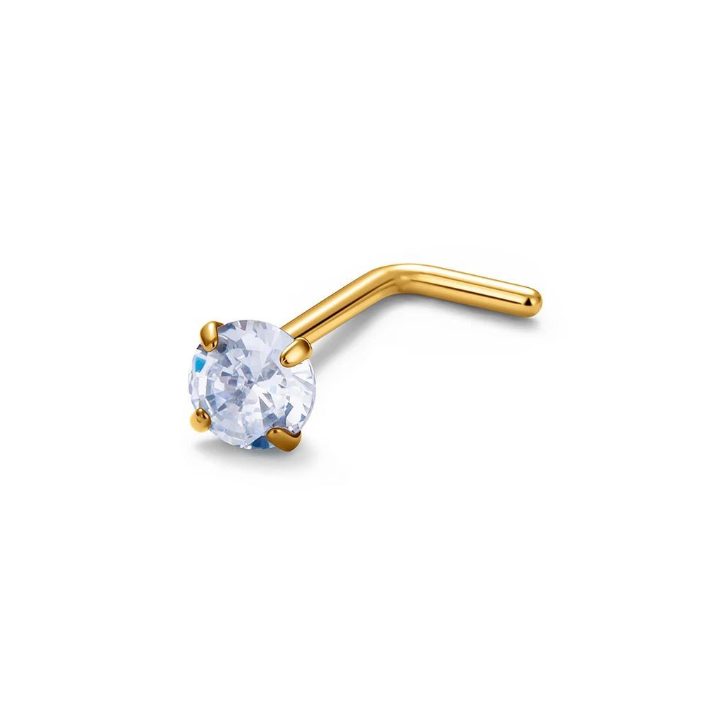 L shape nose stud with diamond titanium 20 gauge gold and silver nose ring