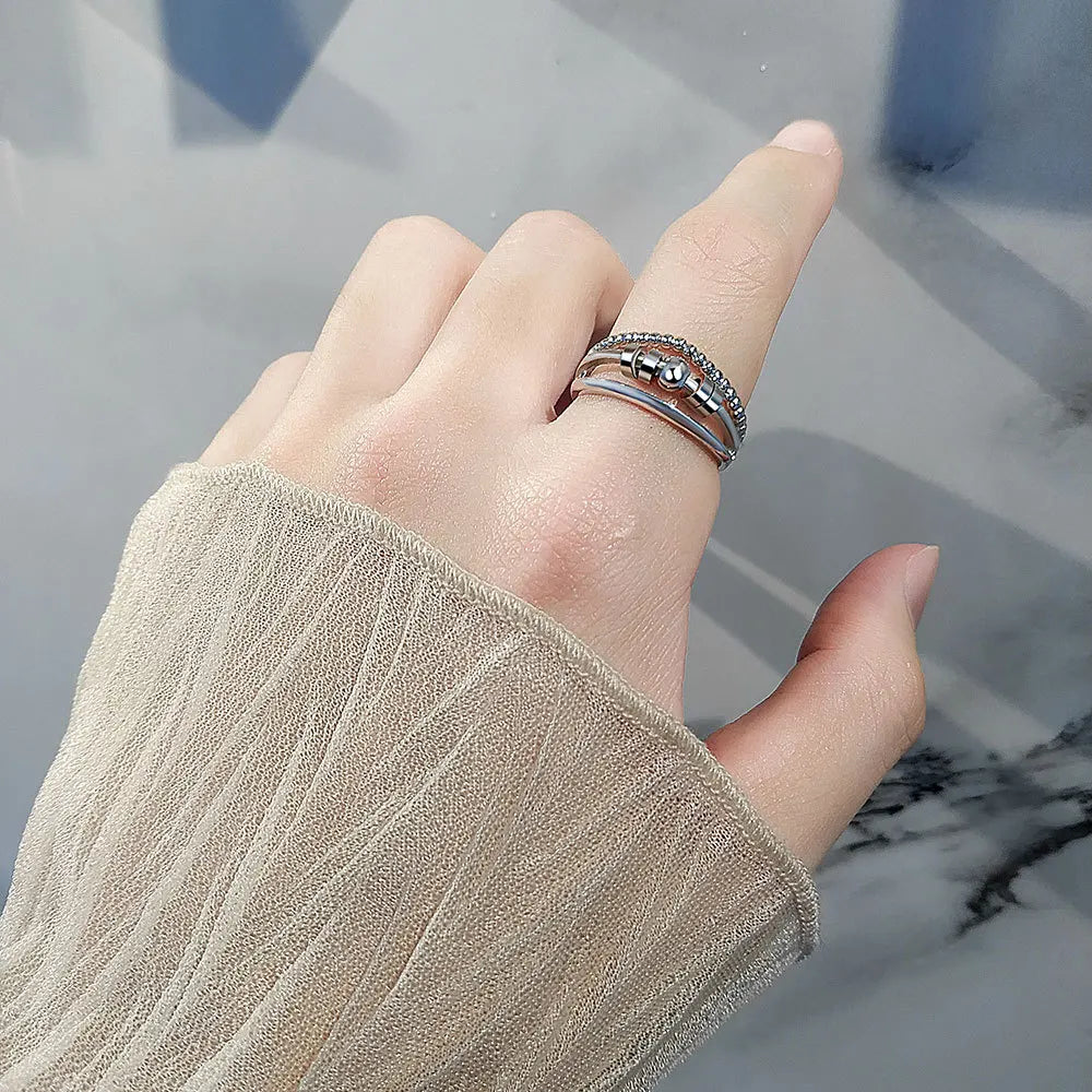 Sterling silver fidget ring adjustable with beads 3 layers for women
