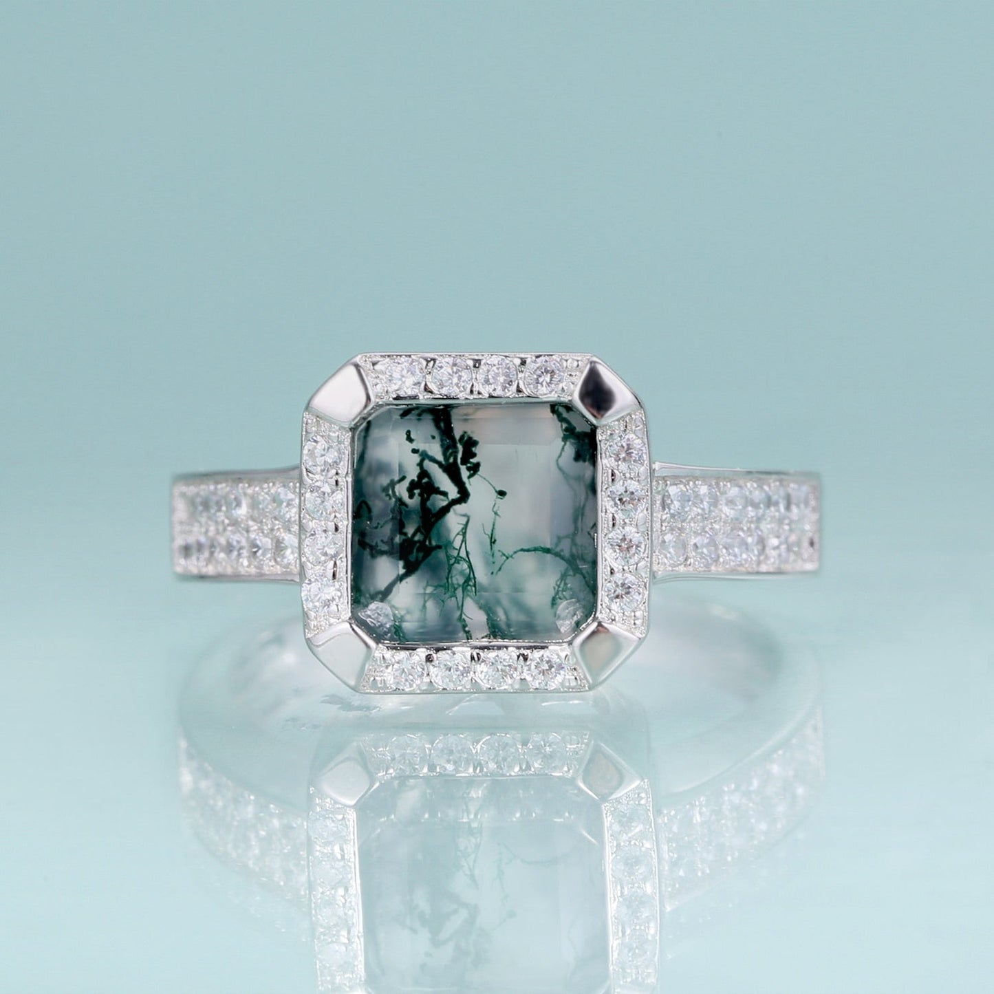 Men's moss agate ring square shape halo setting in silver
