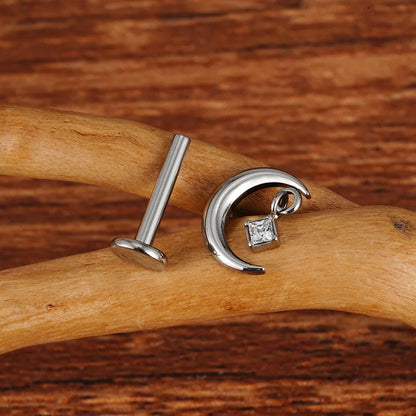 Moon stud earring with a clear CZ crescent moon titanium stud 16G