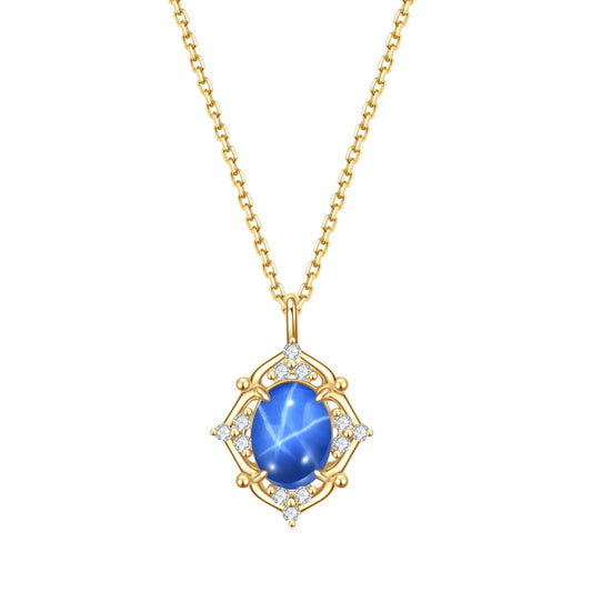 Blue star sapphire necklace in gold Art Deco momma necklace