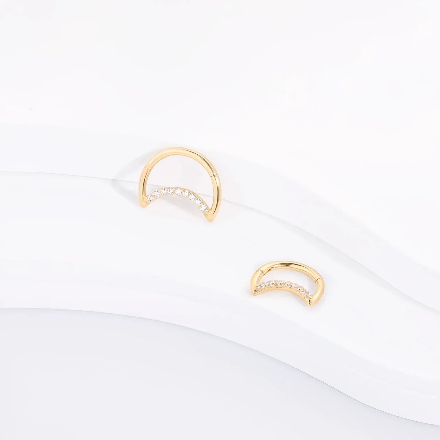 Half moon hoop earring with clear CZ stones 14K gold nose hoop half moon piercing