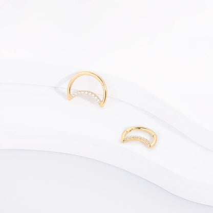 Half moon hoop earring with clear CZ stones 14K gold nose hoop half moon piercing
