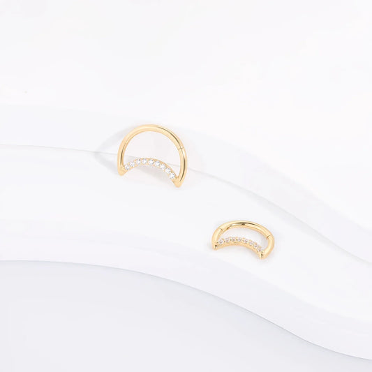 Half moon hoop earring with clear CZ stones 14K gold nose hoop half moon piercing