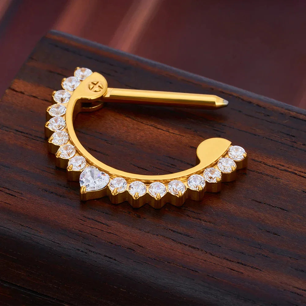 Half-circle nipple ring 14g gold and silver with CZ stones implant-grade titanium 1 piece