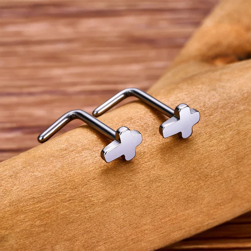 20G L shaped nose stud with a cross titanium nose piercing silver