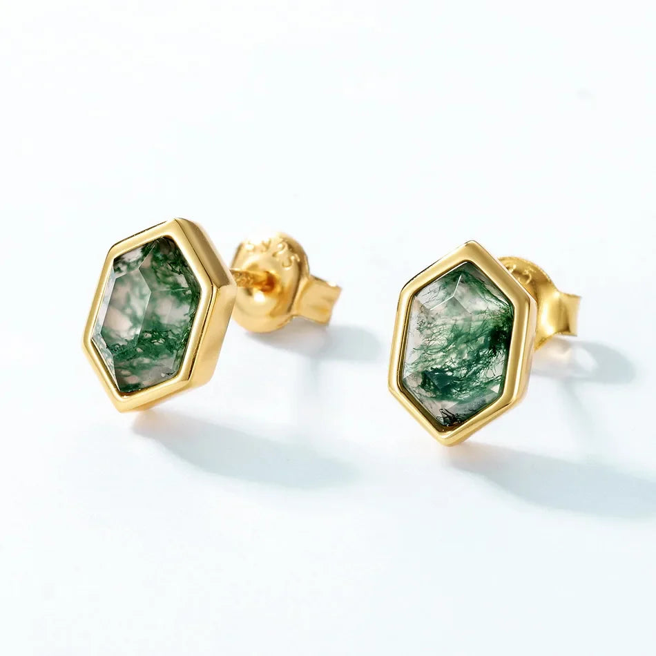 Gold moss agate stud earrings with hexagon moss agate stones