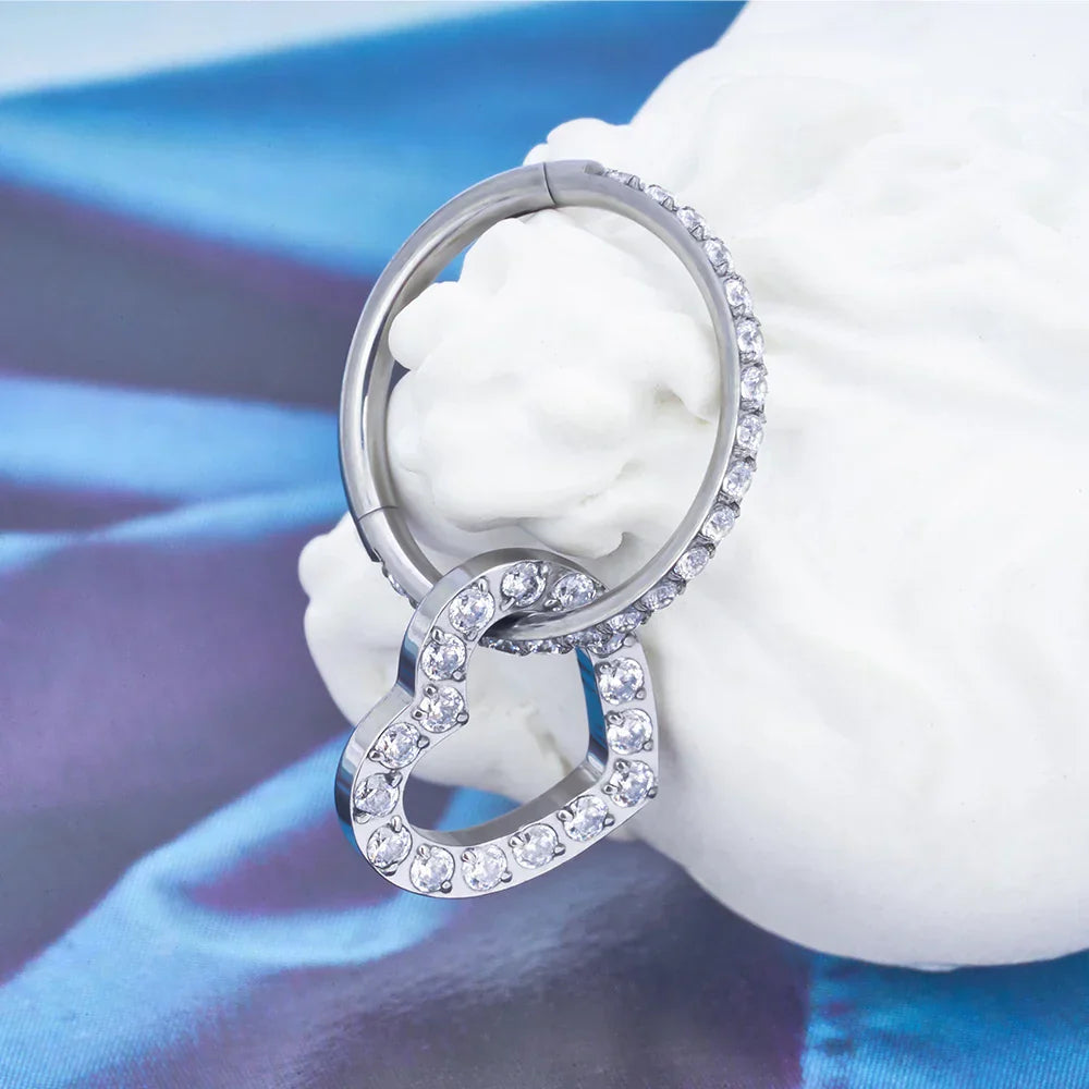 Conch piercing hoop with a heart pendant titanium gold silver 16G 8mm 10mm 12mm