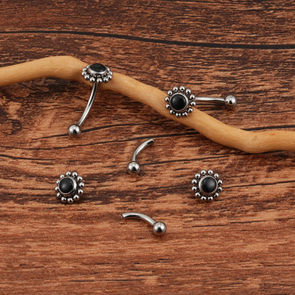 Gold rook piercing with a natural gemstone a black agate rook barbell titanium 16G flower rook earring