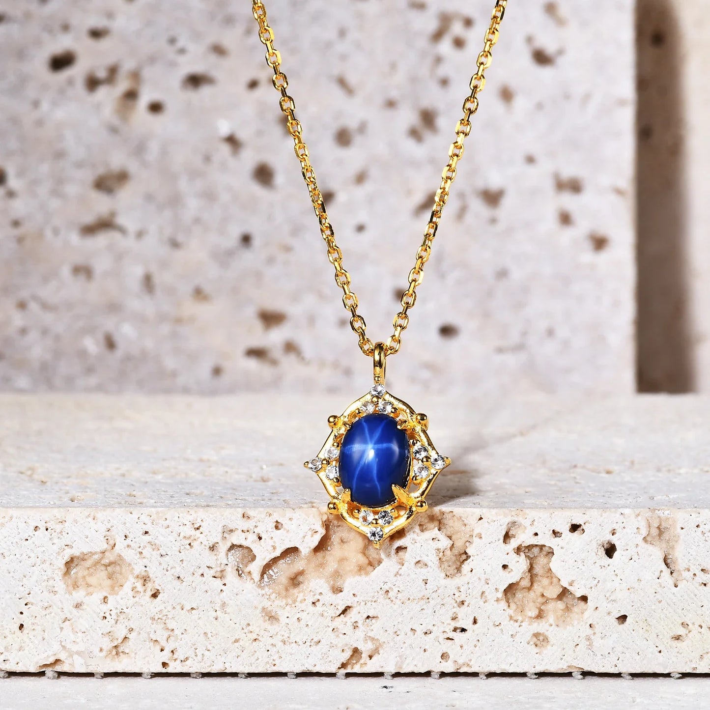 Blue star sapphire necklace in gold Art Deco momma necklace