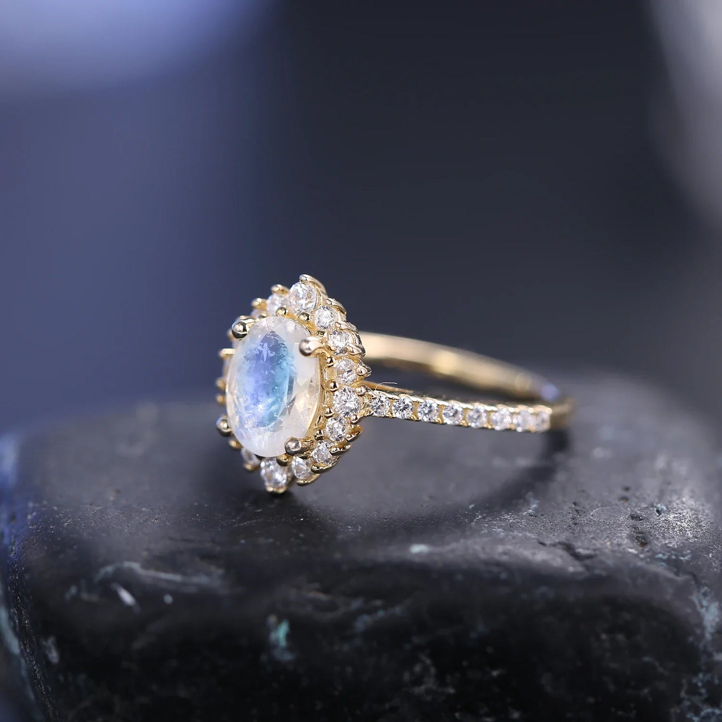 Gold moonstone ring with diamond cz and a real moonstone