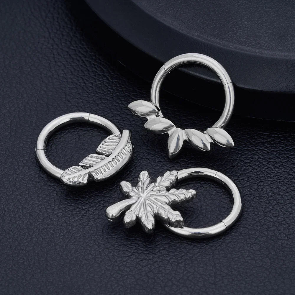 Leaf nose ring titanium hinged clicker septum piercing 16G silver