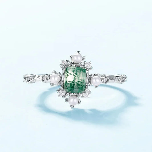 Moss agate and pearl ring natural green moss agate ring sterling silver