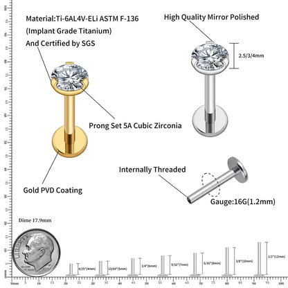 Single diamond stud earring with a cz stone titanium 2.5mm 3mm 4mm labret stud 16G flatback