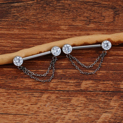 Nipple ring with chain 14g with diamonds gold and silver titanium 1 piece