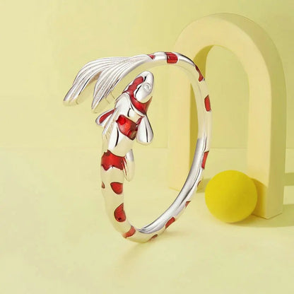 Koi fish ring in silver and gold adjustable ring sterling silver with clear cz