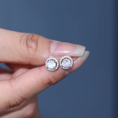Moonstone earrings with round moonstones and clear cz silver stud earrings push back earrings