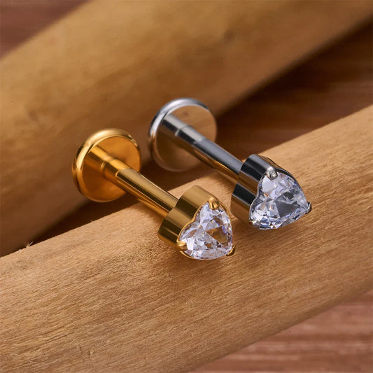 Titanium stud earring with a heart-shaped diamond 16G gold silver