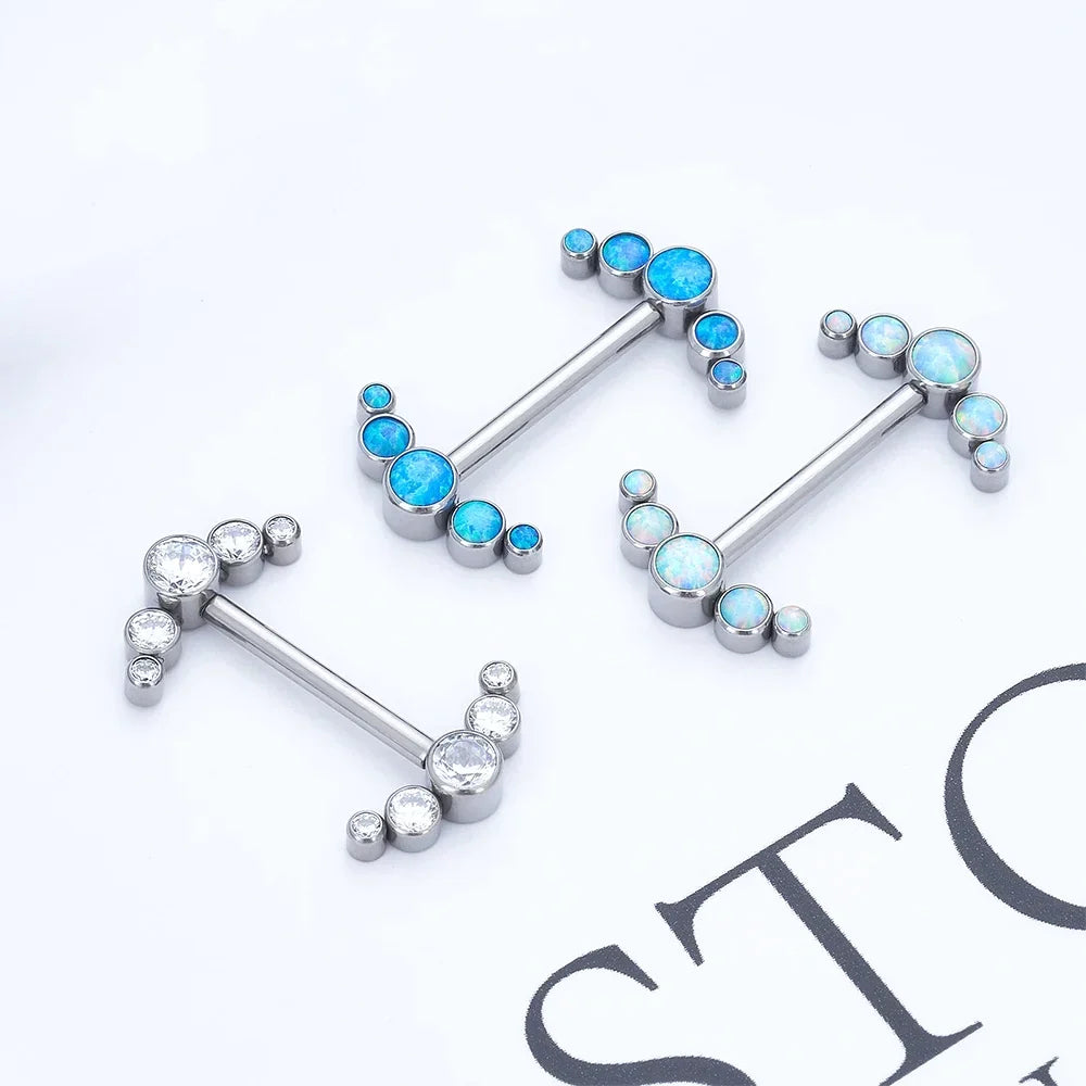Long nipple piercing bar 14G titanium with opal 14mm 16mm internally-threaded 1 piece