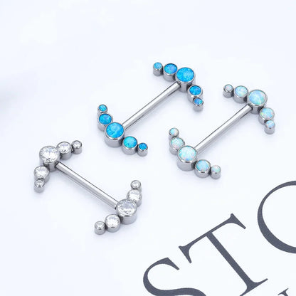Long nipple piercing bar 14G titanium with opal 14mm 16mm internally-threaded 1 piece