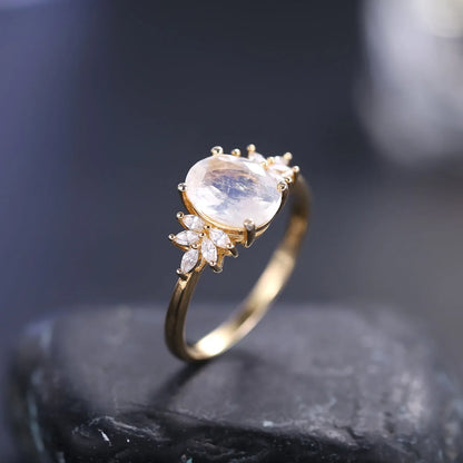 Moonstone wedding ring with a real moon stone and diamond cz