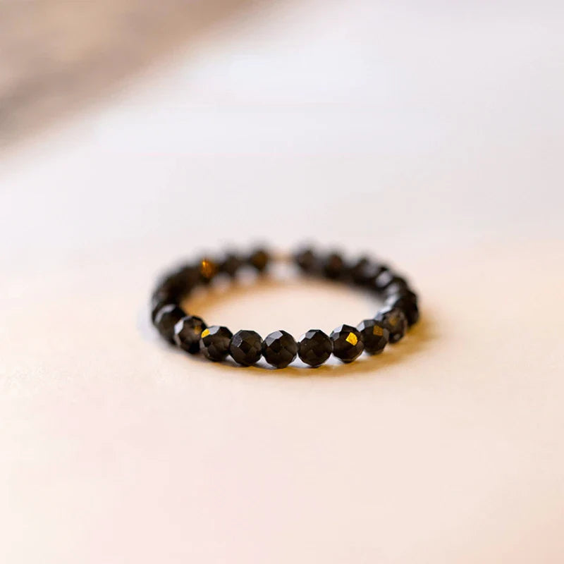 Black obsidian ring with natural obsidian beads real obsidian stones