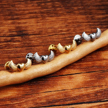 Angel wing earring stud with a heart nose stud titanium piercing stud