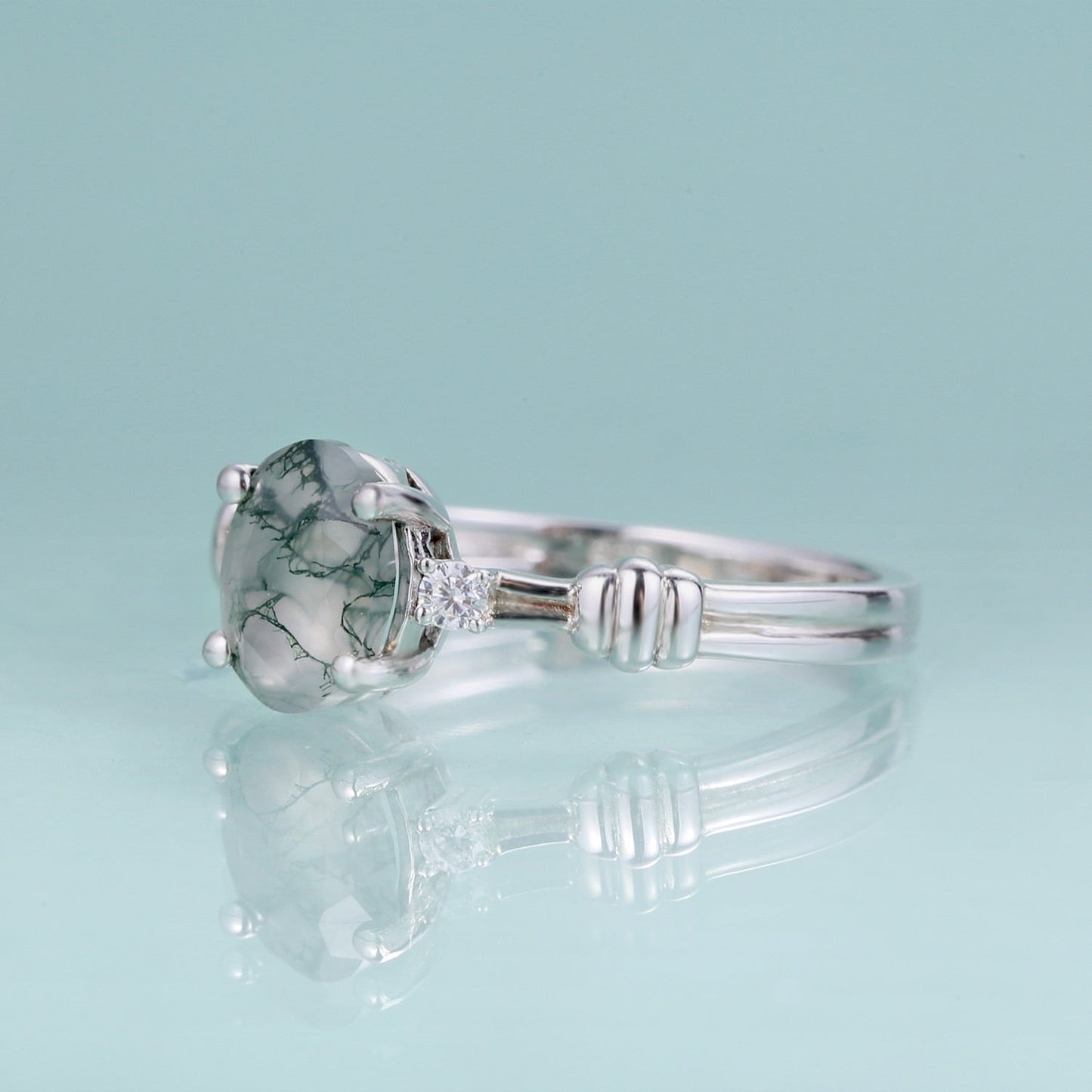 Nature-inspired moss agate engagement ring in silver