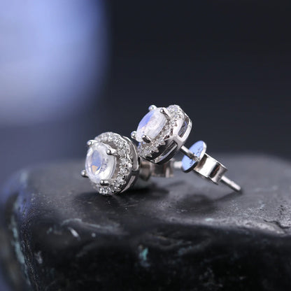 Moonstone earrings with round moonstones and clear cz silver stud earrings push back earrings