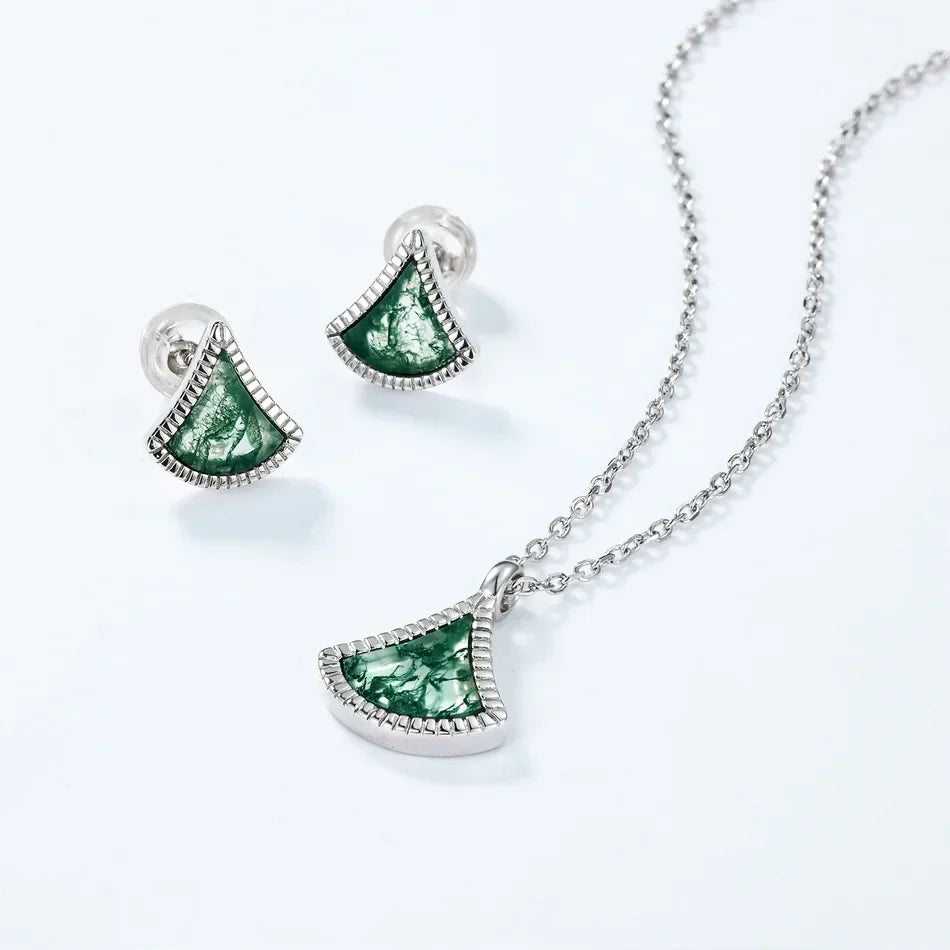 Natural moss agate stud earrings in a ginkgo leaf shape