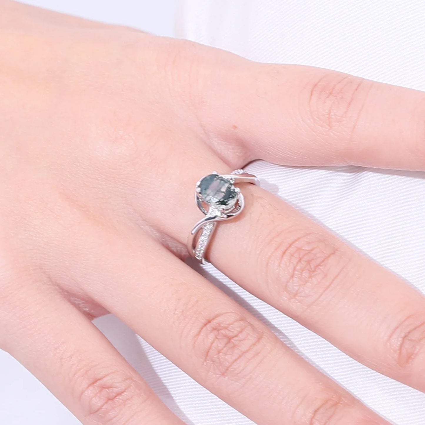 Moss agate and diamond engagement ring sterling silver oval moss agate engagement ring