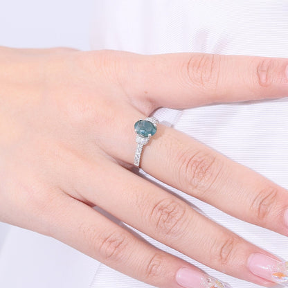 Silver moss agate ring oval cut pave setting art deco style
