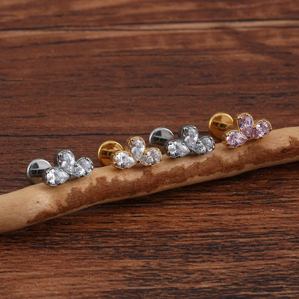 Gold ashley piercing with three diamonds ashley labret piercing titanium lip piercing stud 16G