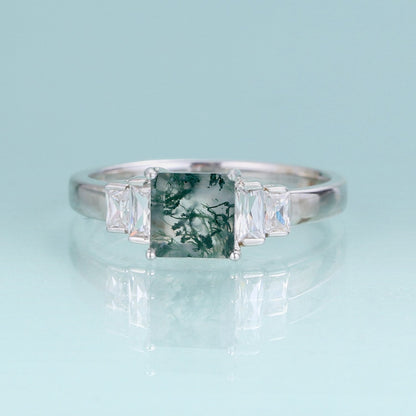 Moss agate ring band baguette ring in silver