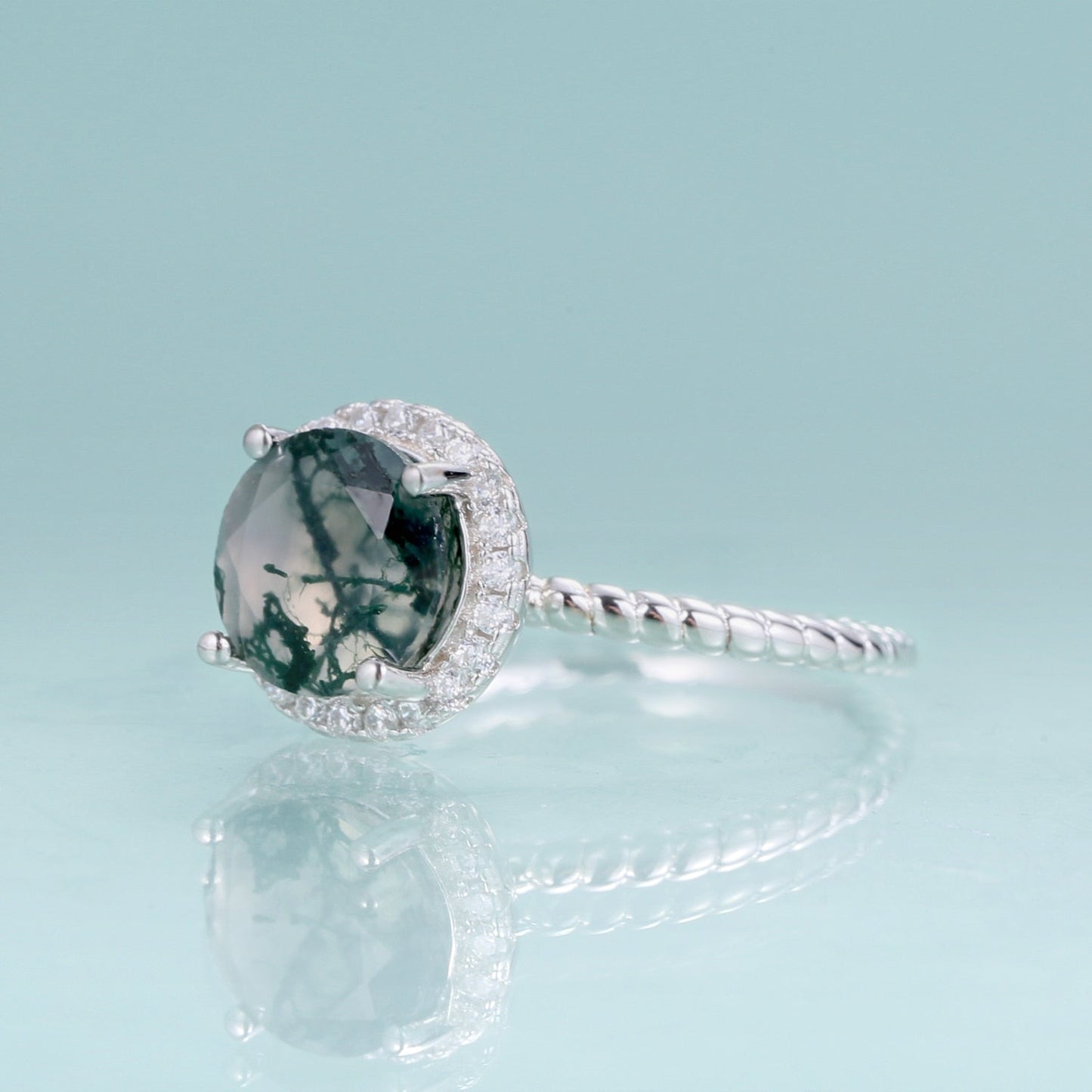 Moss agate promise ring round cut halo ring in silver