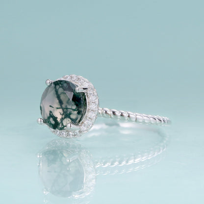 Moss agate promise ring round cut halo ring in silver