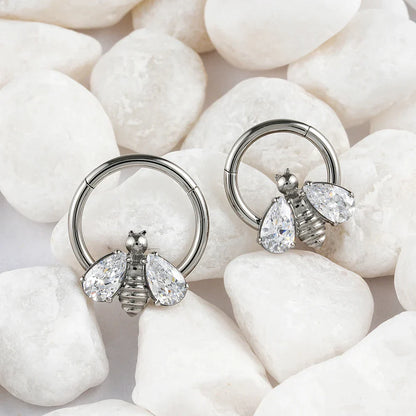 Bee septum ring bumble bee septum ring silver 16G titanium with CZ stones hinged segment clicker