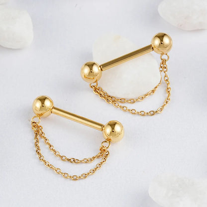 Titanium nipple bar with double chains gold and silver cute and unique 14G 1 piece