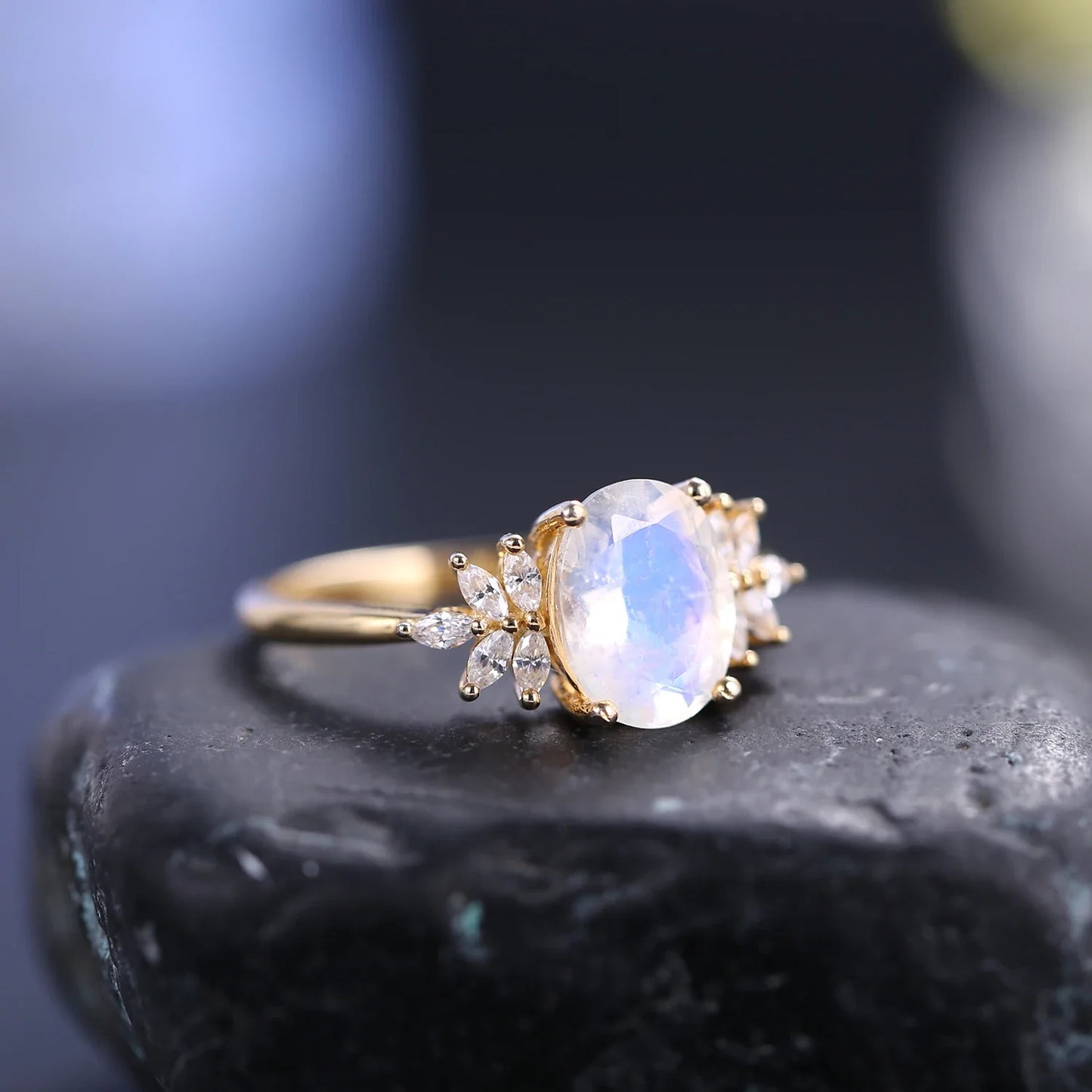 Moonstone wedding ring with a real moon stone and diamond cz