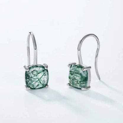 Moss agate drop earrings silver with square moss agate simple and dainty sterling silver