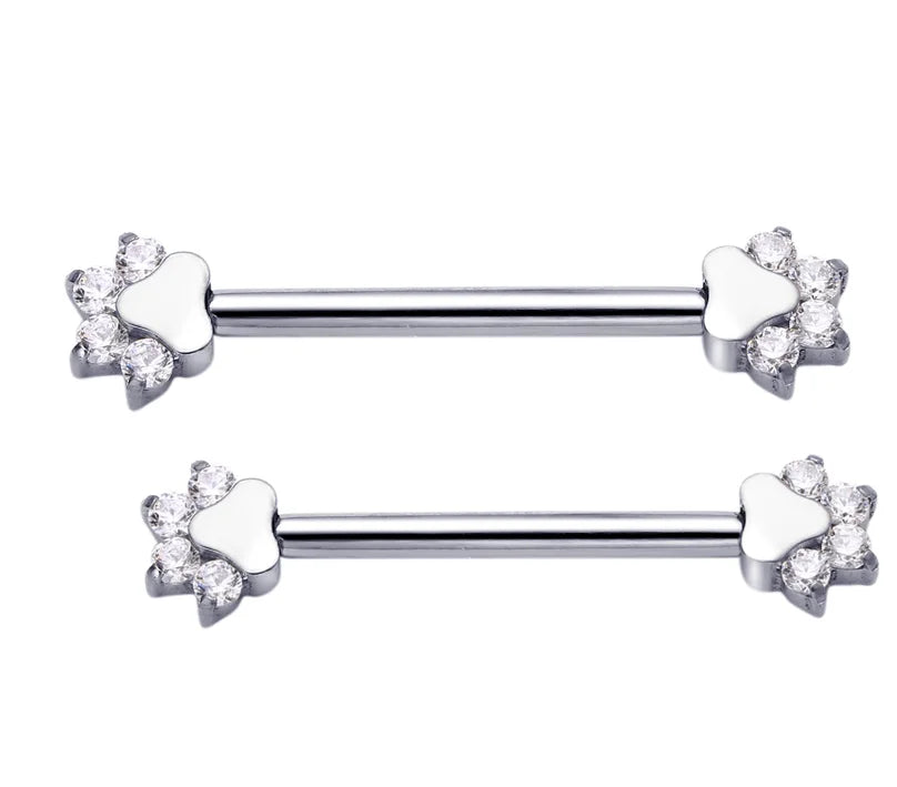 Nipple piercings with cat paws 14G 14mm gold and silver titanium 1 pair